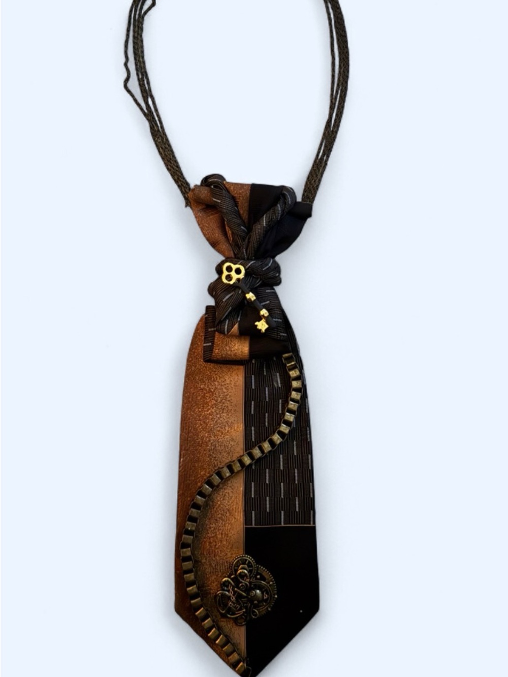 Upcycled Vintage Necktie Necklace Embellished Gears Anchor key brooch Steampunk - Picture 3 of 7